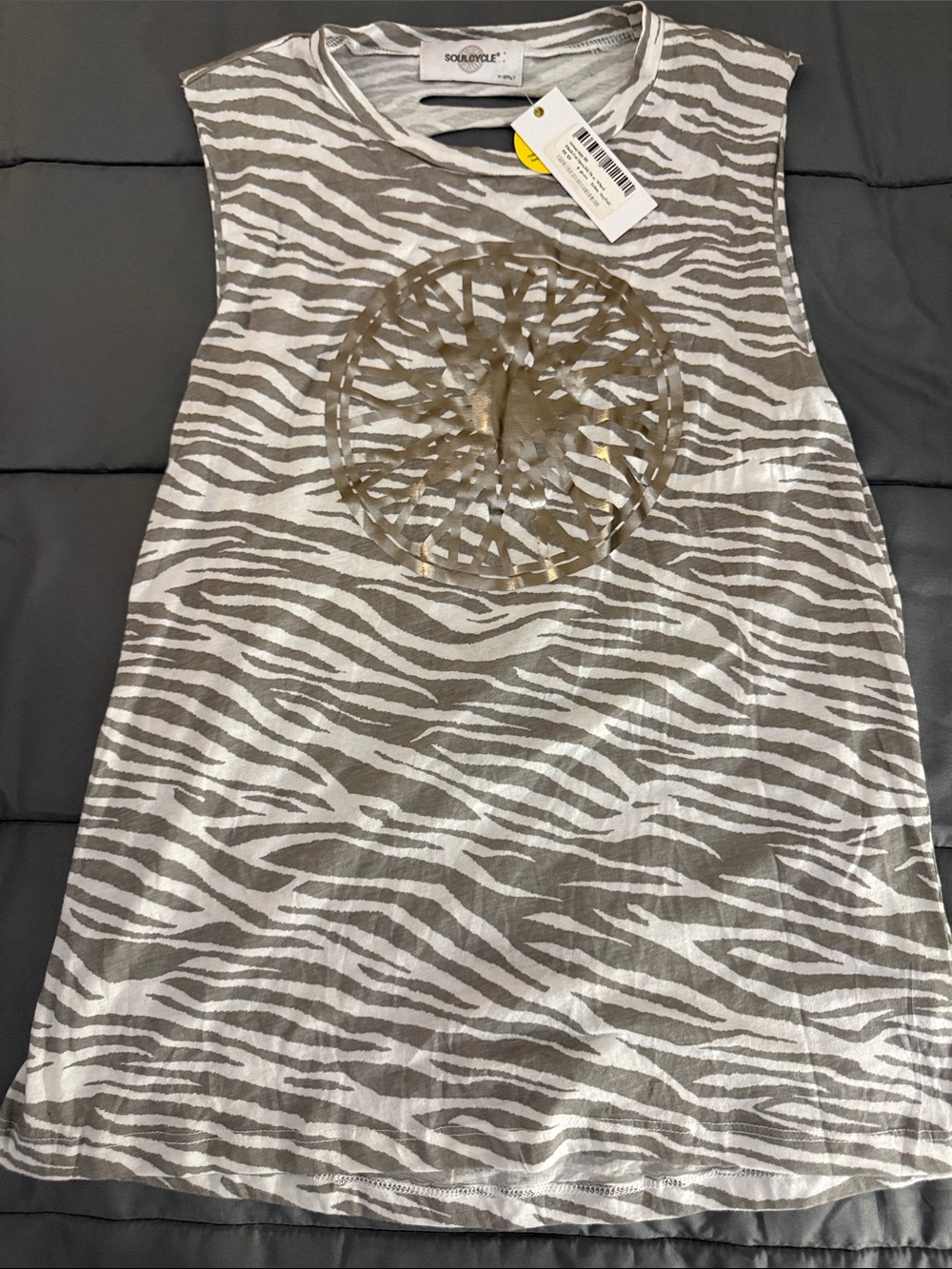 soulcycle Gray and White Zebra Muscle Tank with Gold Medallion